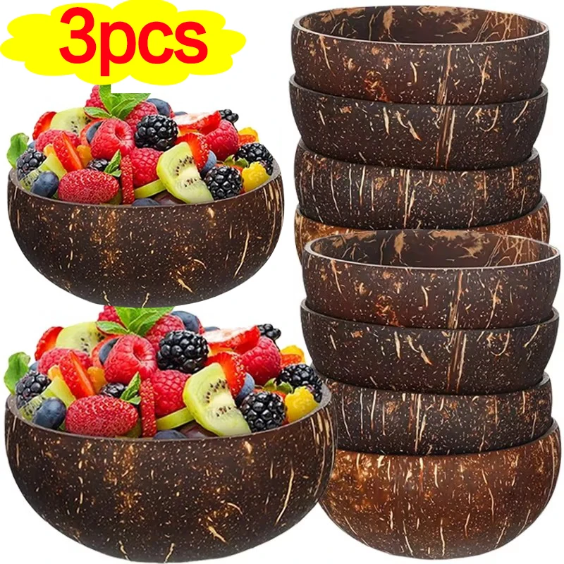 Natural Coconut Bowl Wooden Salad Ramen Bowls Coconut Wood Spoon Smoothie Large Capacity Bowl Home Kitchen Tableware 1/3pcs