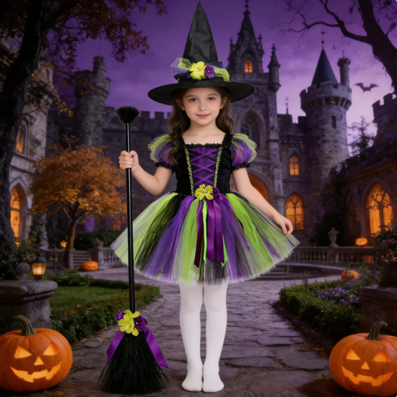 Green Black Purple Witch Tutu Skirt Outfit for Girls Fluffy Ballet Tutus Kids Halloween Dress Up Costumes with Flower Hat Broom
