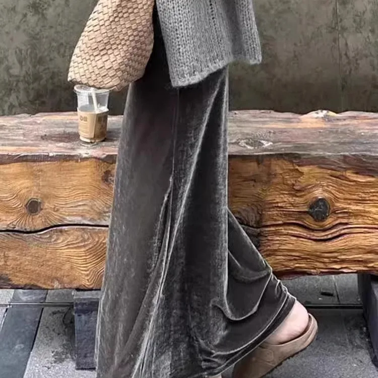 

Сексуальная серебряная бархатная юбка трапециевидной формы, женская длинная юбка с высокой талией, свободная посадка, однотонная осенне-зимняя мода