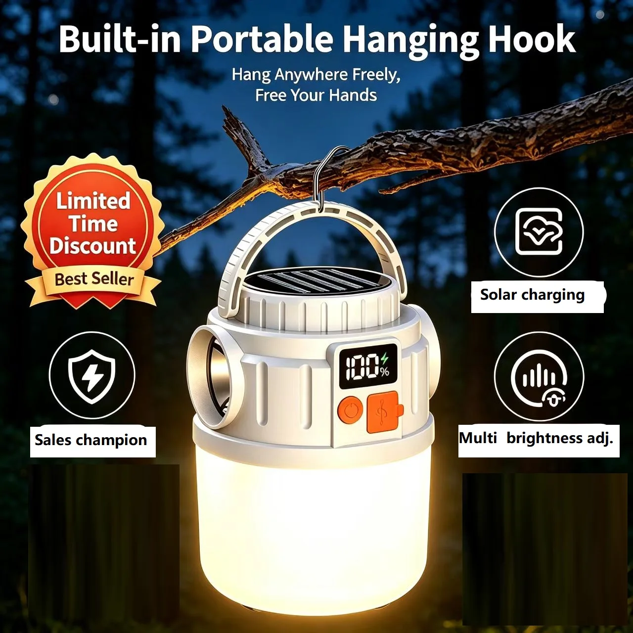 

Solar Camping Lantern USB Rechargeable Outdoor Portable Waterproof Emergency Light for Hiking Backpacking Tent Activities