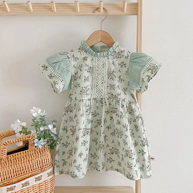 Manga puff infantil vestido de princesa, roupas de verão para meninas, menina criança, flores azuis, renda, moda infantil