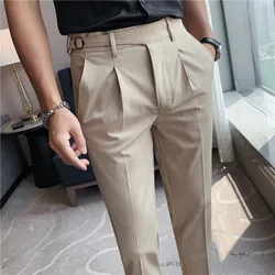 High-quality Belt Design Slim Fit Suit Pants Men Slim Fit Casual Trousers Solid Color Business Dress Pants Wedding Party Costume