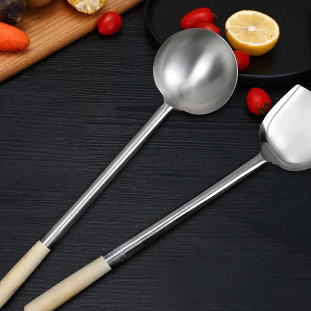 2Pcs Wood Handle Stainless Steel Shovel Spoon Set Long Handle Cooking Spatula and Spoon Kitchen Gadget for Home Restaurant Hotel