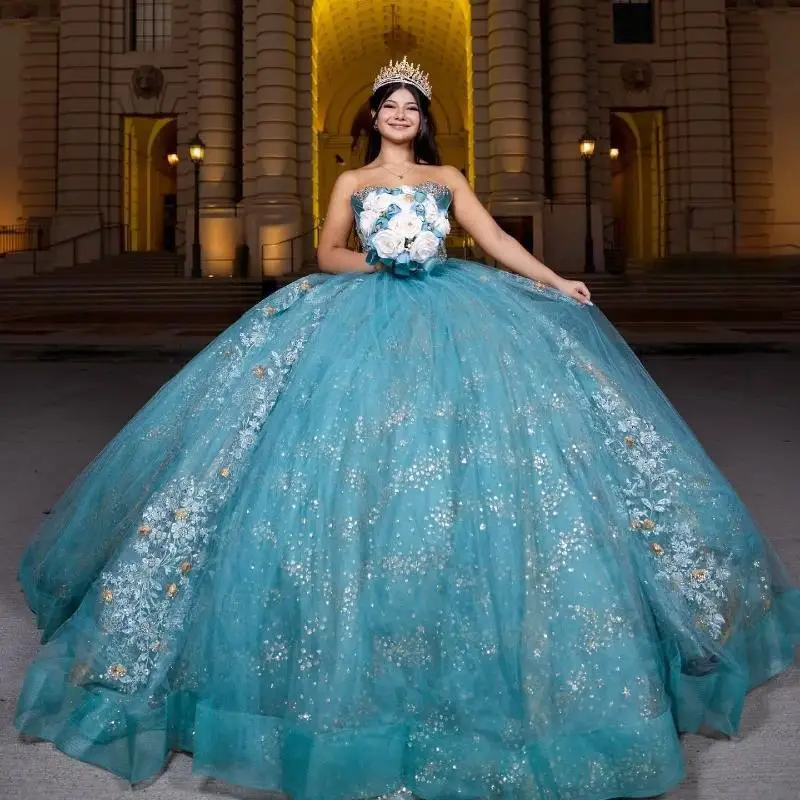 فساتين Quinceanera باللون الأزرق البحري اللامع مزينة بالترتر والخرز كريستال تول مشد حلو 16 فستان Vestidos De 15 Años