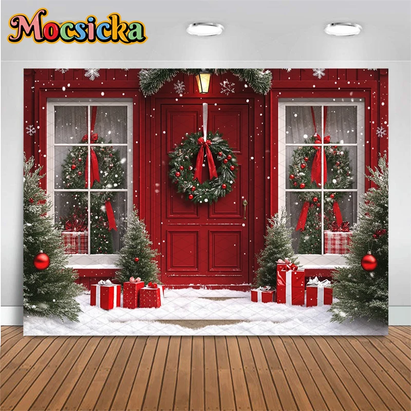 Mocsicka Red House Christmas Background For Photography Gift Tree Party Backdrop  Bow Door Wreath Snow Decor Banner Photocall