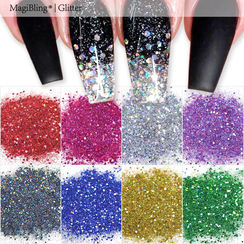 Poudre pailletée pour vernis à ongles, 1 oz/sac, Laser, argent, or, paillettes mixtes scintillantes, poussière Extra Fine, Gel, décoration de manucure