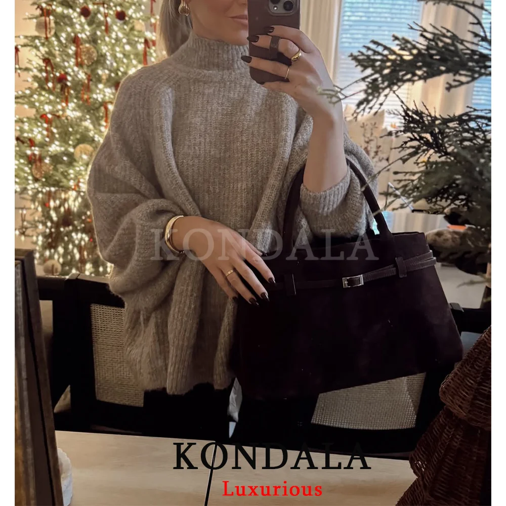 Kondala casual chique cáqui malha suéteres feminino meia gola alta manga longa blusas de grandes dimensões moda 2026 primavera macio menina topos