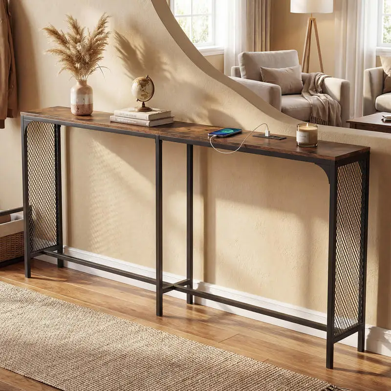

71 Inch Narrow Console Table with Power Outlet for Small Space-Rustic Brown