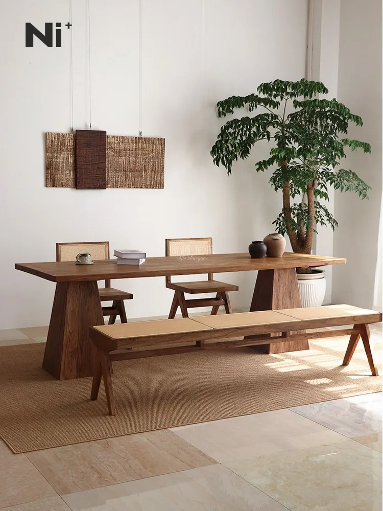 

Wabi Sandy Wind Solid Wood Dining Table Worktable Rectangle Dining Table Restaurant Homestay Office Internet celebrity Large Boa
