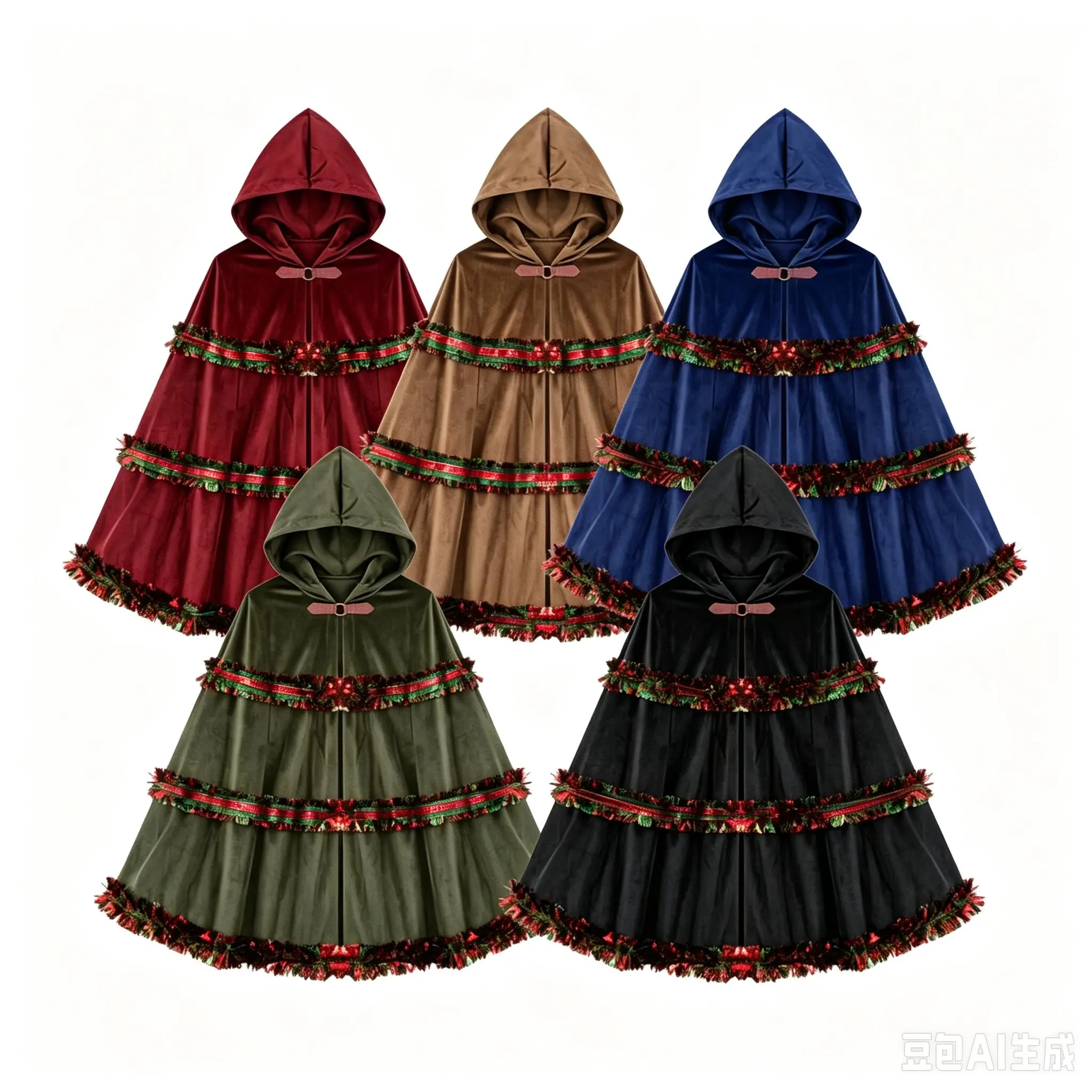Women Christmas Hooded Velvet Cape Dark Blue Xmas Tinsel Trim Cloak Holiday Party Cosplay Fancy Dress Costume