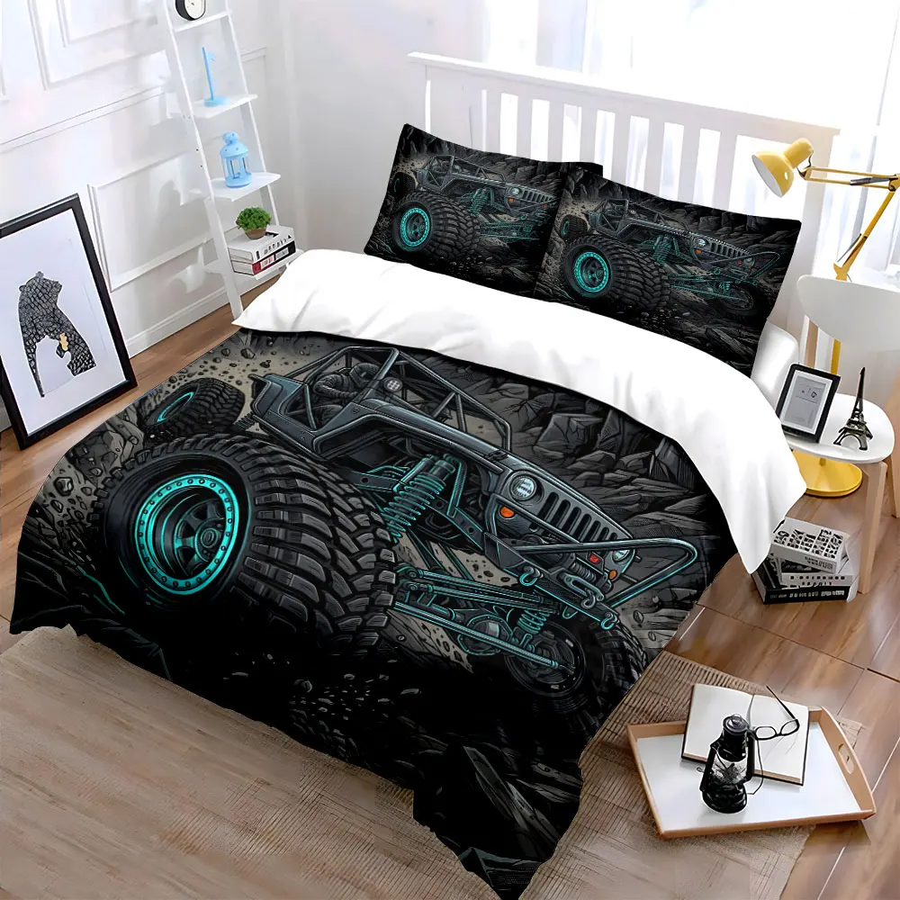 Off-road racing car on rocks Print Bedding Set 1 Duvet Cover 2 Pillowcases for Adult and Children Luxury Gift Full Size