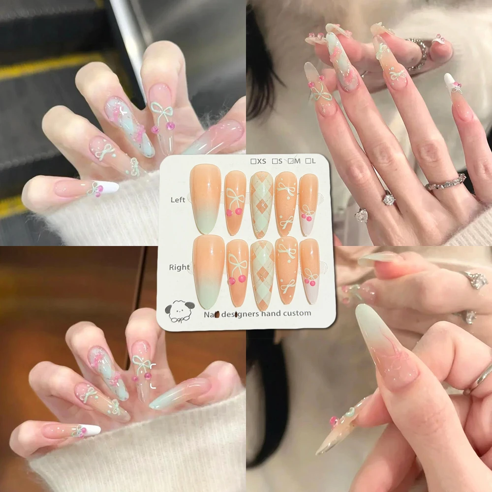 

10pcs Handmade Wearable Nails Kit With Adhesive, Simple Spring Summer Green Removable Nail Art Decor, Nail Patch, Ladybro Gift