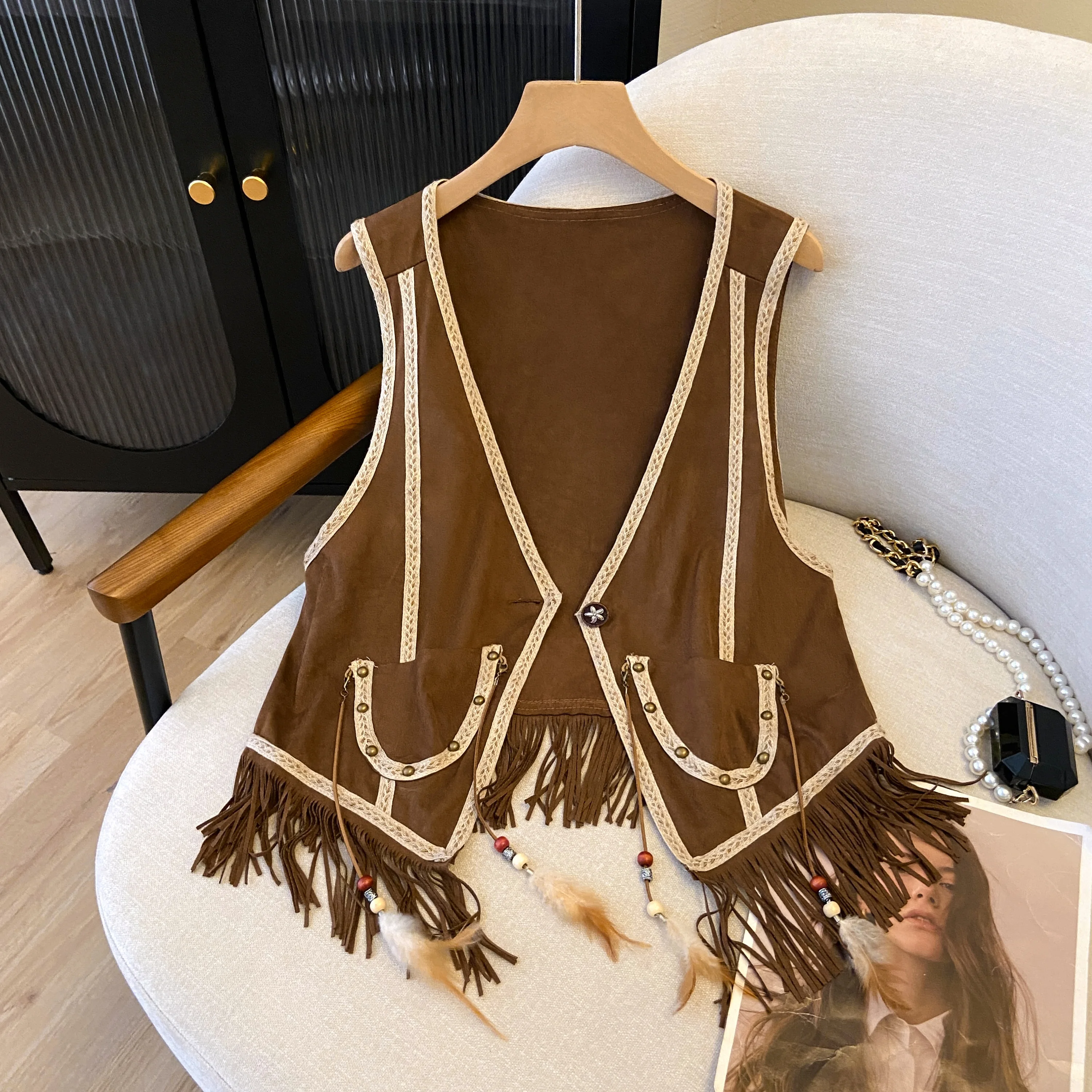 

Retro Western Ethnic Sle Brown Suede Loose Cardigan Women's Feather Tassel Vest Layered Wear Open Cardigan Fem Jaet