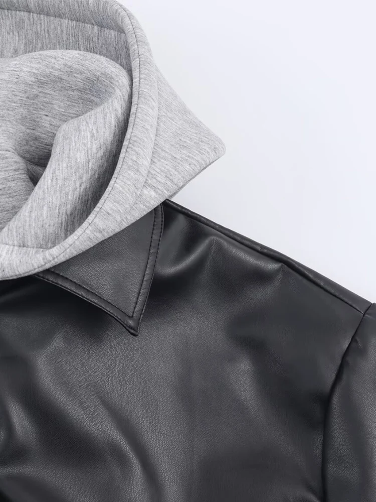 ヨーロッパ風の新しいレディースファッション、多用途、エレガント、スリム、フェイクツーピーススプライス ​ ​ フード付きの革製ジャケット。