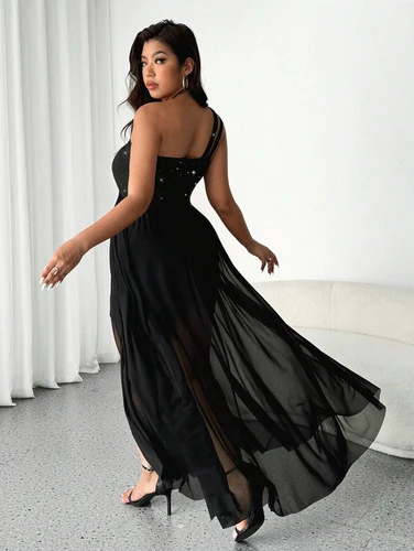 Imagen 2 del producto Vestido de talla grande a la moda, Sexy, con un solo hombro, manga, lentejuelas, cintura, malla, abertura, elegante, novedad de verano 2021, vestidos de cóctel al aire libre