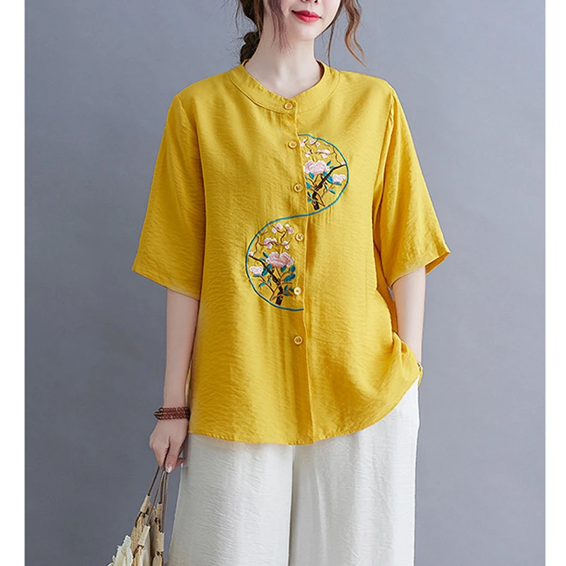 New Summer Women\'s Chinese Ethnic Style Embroidery Shirt Vintage Stand Collar Cotton Linen Blouse Ladies Loose Short Sleeve Tops