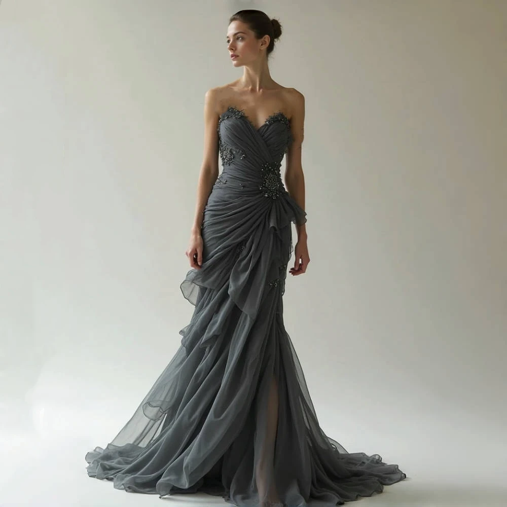 Elegant Draped Mermaid ชุดราตรีลูกปัด Sweetheart คอ Ruched ยาว Tulle พรหมอย่างเป็นทางการชุดสีเทาที่กําหนดเอง