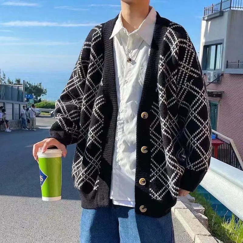 Autumn And Winter Hong Kong Style Sweater Men's And Women's New Coat, Plaid Cardigan, Korean Version Knitwear, V-neck Trend, Loo