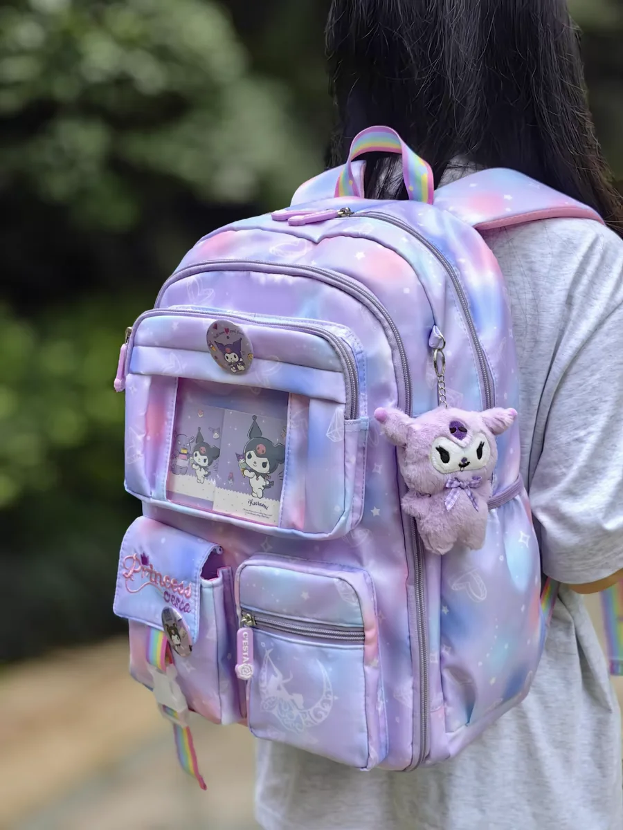 2024 Miniso Senrio Kuromi Student Backpack Reduce Burden Protect Spine Kids Schoolbag Cute New Cartoon Light Book Bag Girl Gift