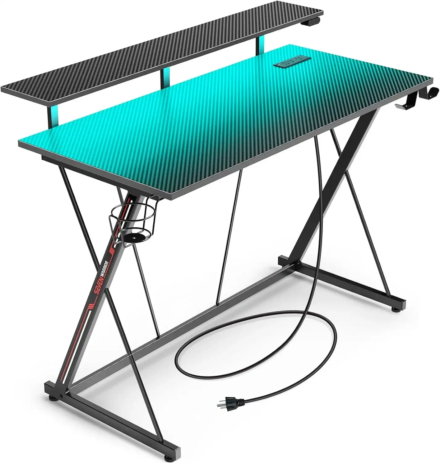 Mesa para jogos com luzes LED e tomadas de energia, mesa para computador de 31,5" com prateleira para monitor