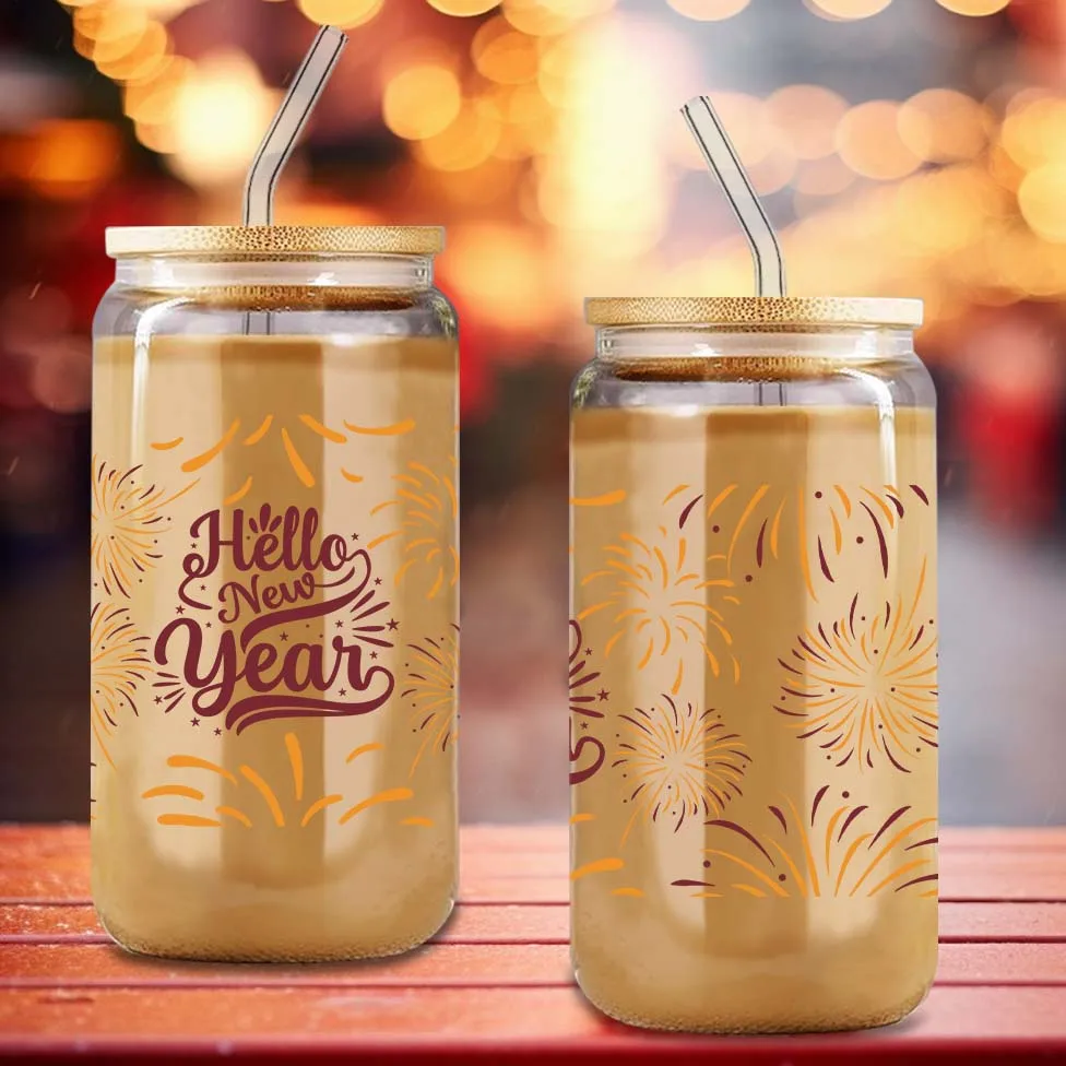 Brilliant Fireworks Pattern“Happy New Year”16oz Glass Can Soda Cup With Lid&Straw 3d Printed Coffee New Year Party Drinking Cup