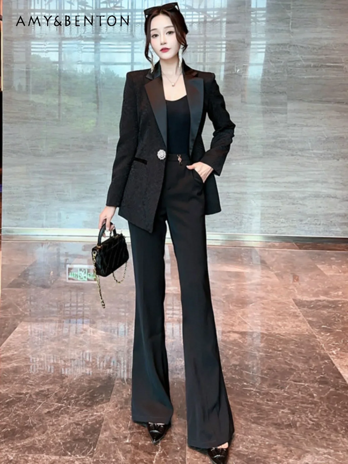 

Autumn Clothing New High-end Elegant Jacquard One-button Slim Jacket Flared Pants Commuter Style Two Piece Sets Womens Outifits