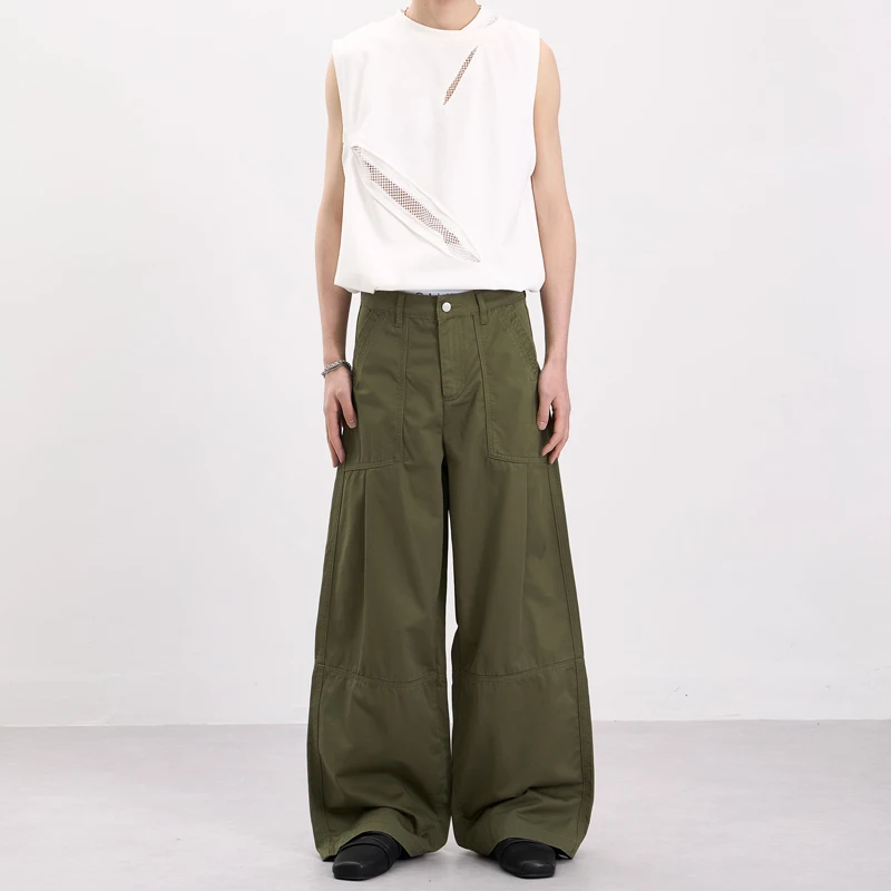 

Olive Green Colored Men's Pants Relaxed Large Pocket Design Wide Leg Casual Loose Straight Cut Cargo Trousers 2026 New