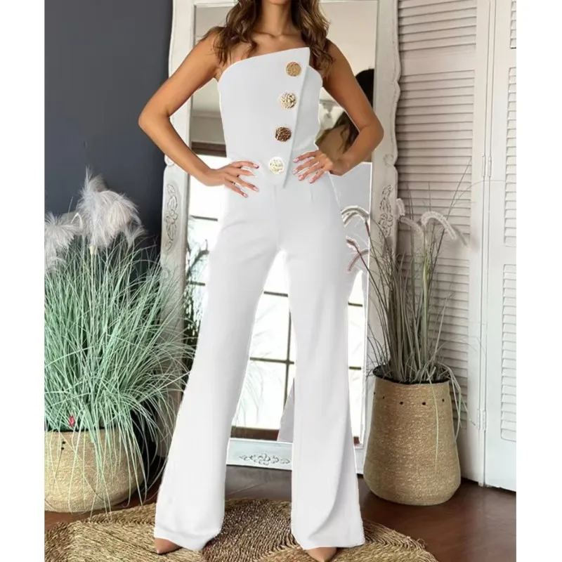 Womens Jumpsuits Daily Clothing Fashion Asymmetrical Bandeau Strapless Jumpsuit Metal Button Decor Plain Women's Casual Overalls