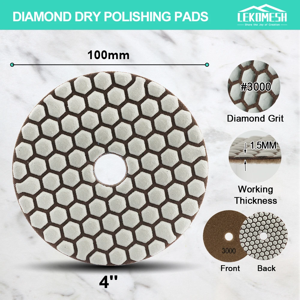 LEKOMESH 8pcs Diamond Dry Polishing Pads Granite Marble Sanding Disc Ceramic Stone 100mm/4'' #3000  Polisher Grinding Plate