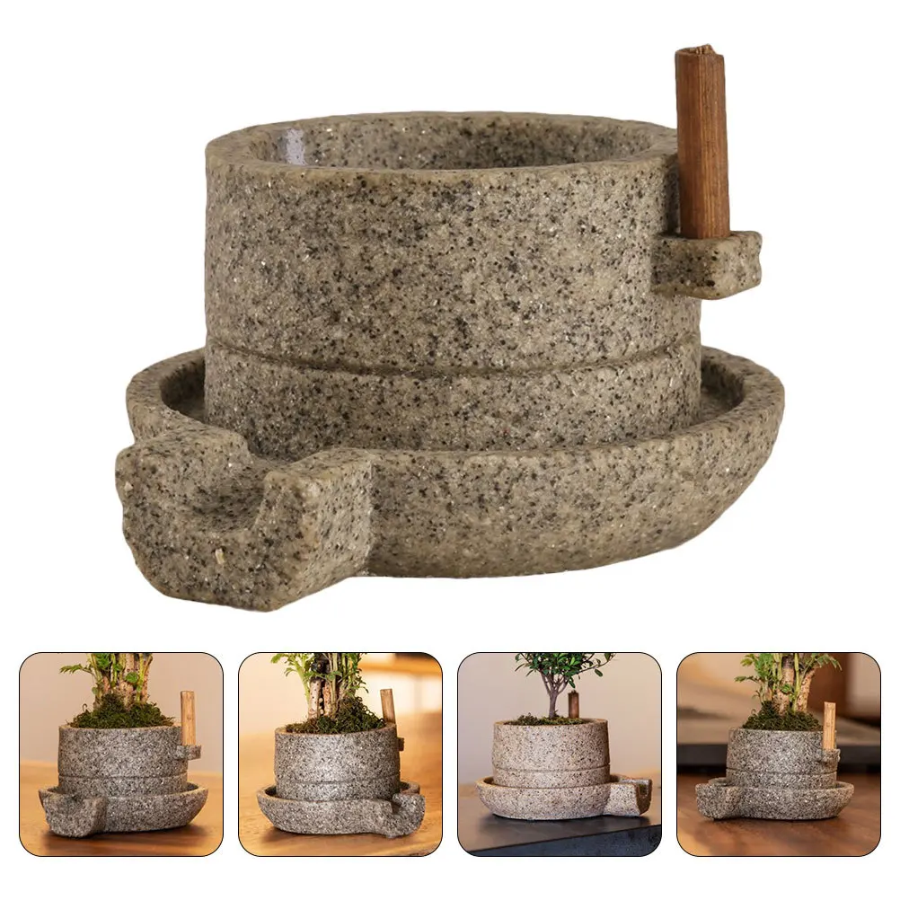 

1Pcs Retro Resin Stone Mill Flower Pot Grey Creative Gardening Planter Household Bonsai Pot Plant Container Retro Flowerpot