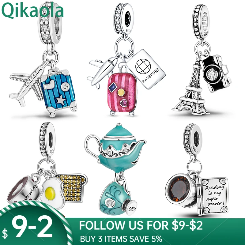 Genuine 925 Sterling Silver Book And Coffee Cup Charms Fit Original pand 3mm Bracelet Pendant Beads Women Fine Jewelry