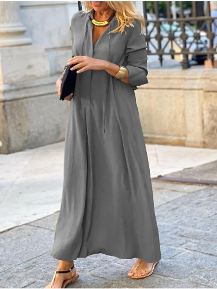 لطيفة سيدة الخامس الرقبة طويلة الأكمام بلون قميص فستان المرأة فساتين عادية الخريف زر فستان بسيط