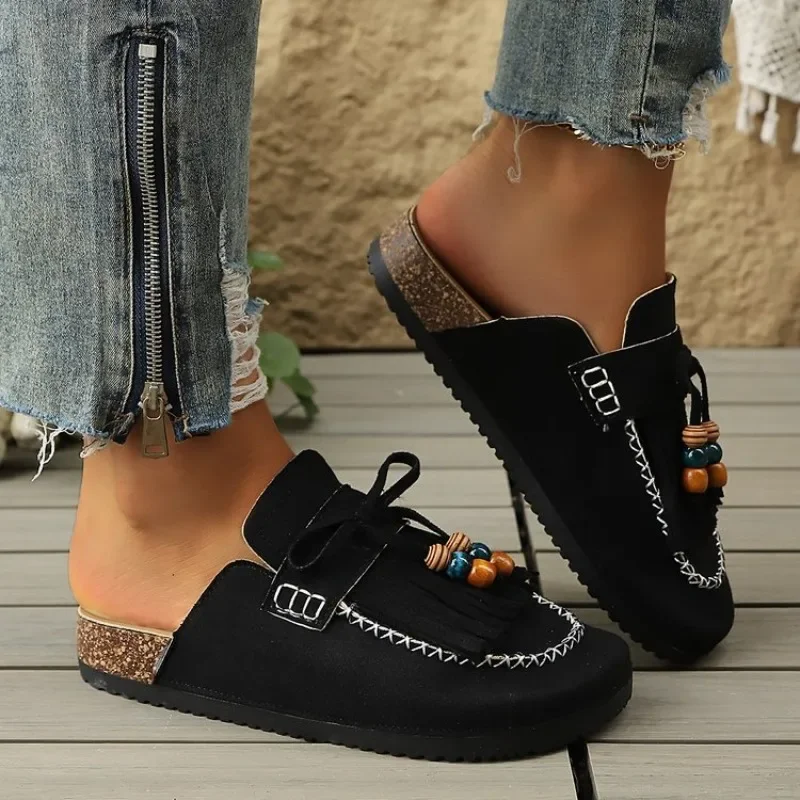 Damen Vintage Quasten-Wildleder-Clogs, Geschlossene Zehenpartie Korksohlen-Mules, Rutschfeste Slip-On-Hausschuhe für Innen- und Außenbereich Freizeitkleidung – Detail 3
