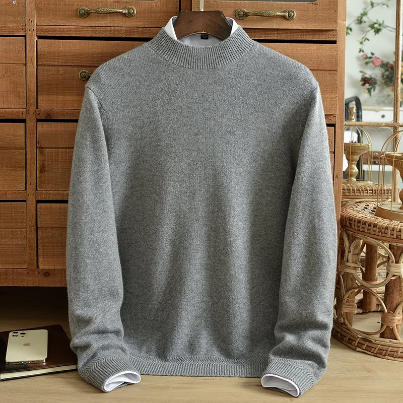 ZNTX 2024 winter new pure cashmere sweater men\'s thick warm solid color casual knit sweater loose size half high neck simple