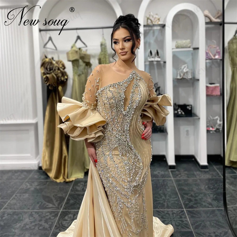 Zwei Stücke Champagner Perlen Prom Kleider Luxus Arabisch Dubai Meerjungfrau Kristalle Abendkleid Für Frauen Party Kleider Angepasst