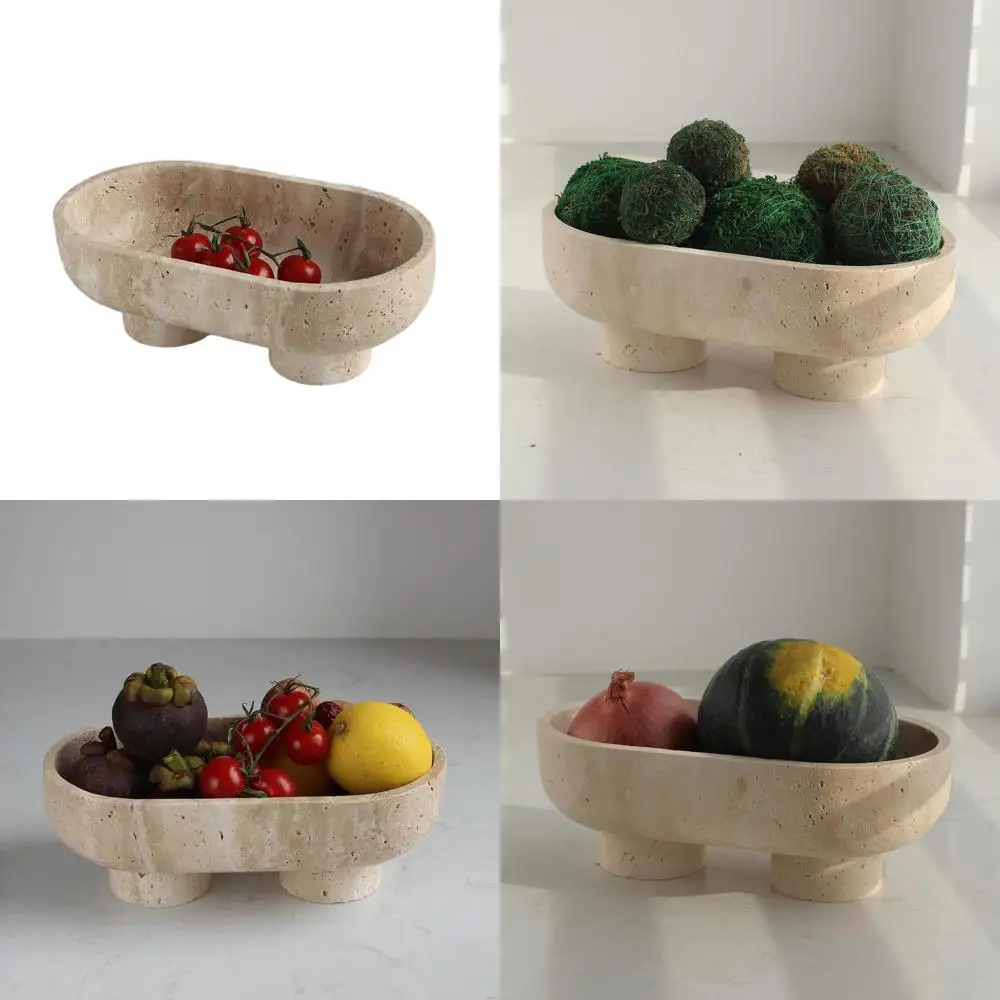 

10 Large Oval Travertine Fruit Bowl with Legs - Elegant Kitchen Counter Decor and Dining Table Fruit Holder