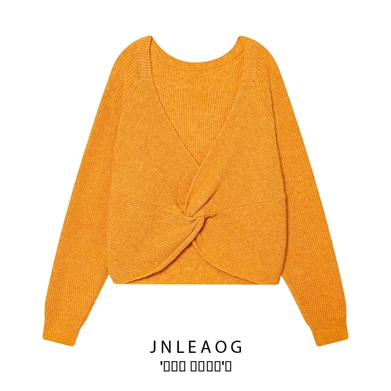 

JNLEAOG Осенний новый женский модный вязаный свитер с узлом, универсальный, из полиэфирного волокна, с длинными рукавами, свободного кроя, женский топ