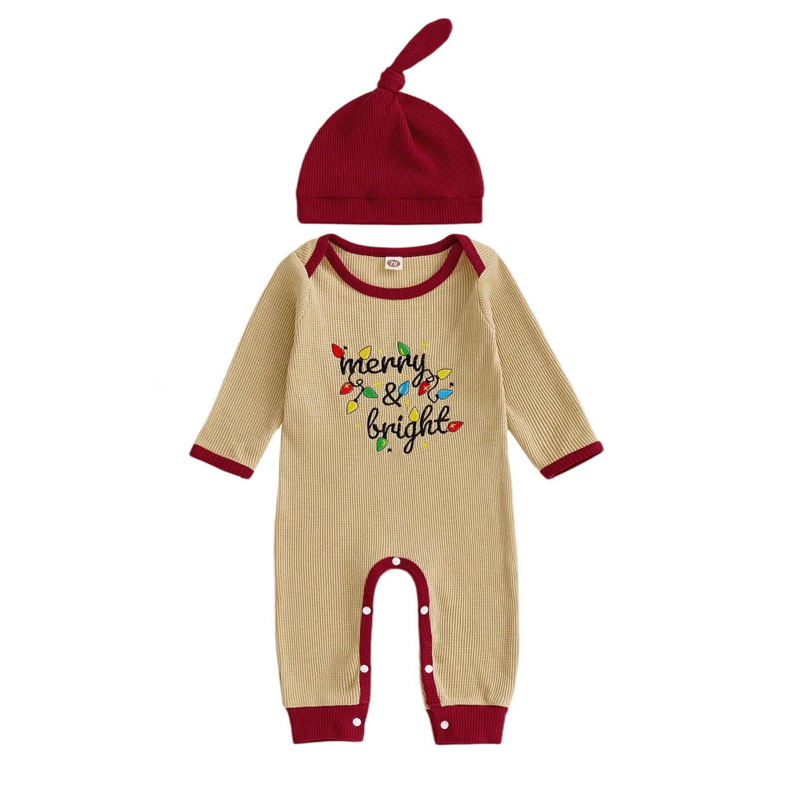 Baby Boy Christmas Waffle Romper Lights String Letter Embroidery Long Sleeve Round Neck Jumpsuit with Hat