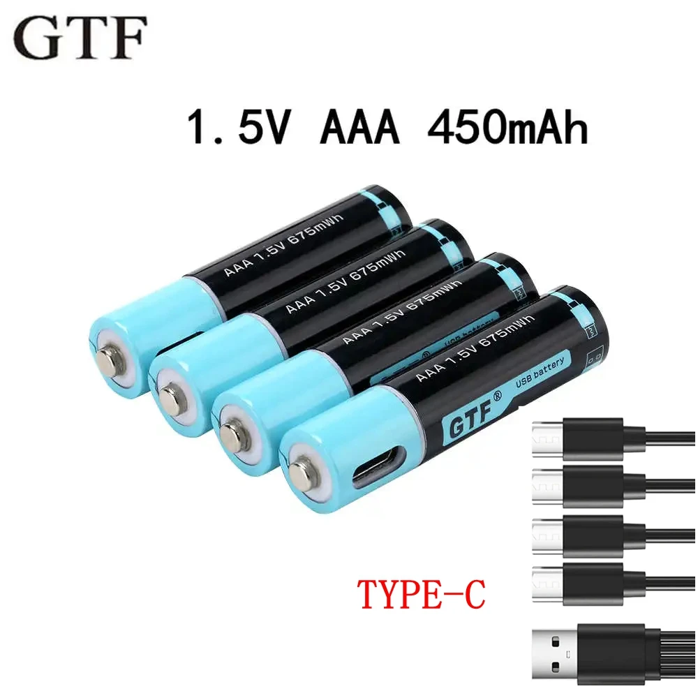 GTF high capacity 1.5V 450mAh AAA li-ion Battery 675mwh li-polymer with USB rechargeable lithium usb battery + Type-C cable