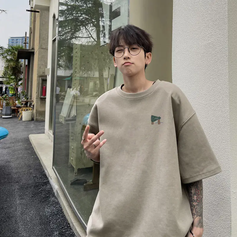 Dark Green Heavyweight T-shirt for Men with A Small Neckline American Retro Cotton Short Sleeved Loose Oversized Round Neck Top