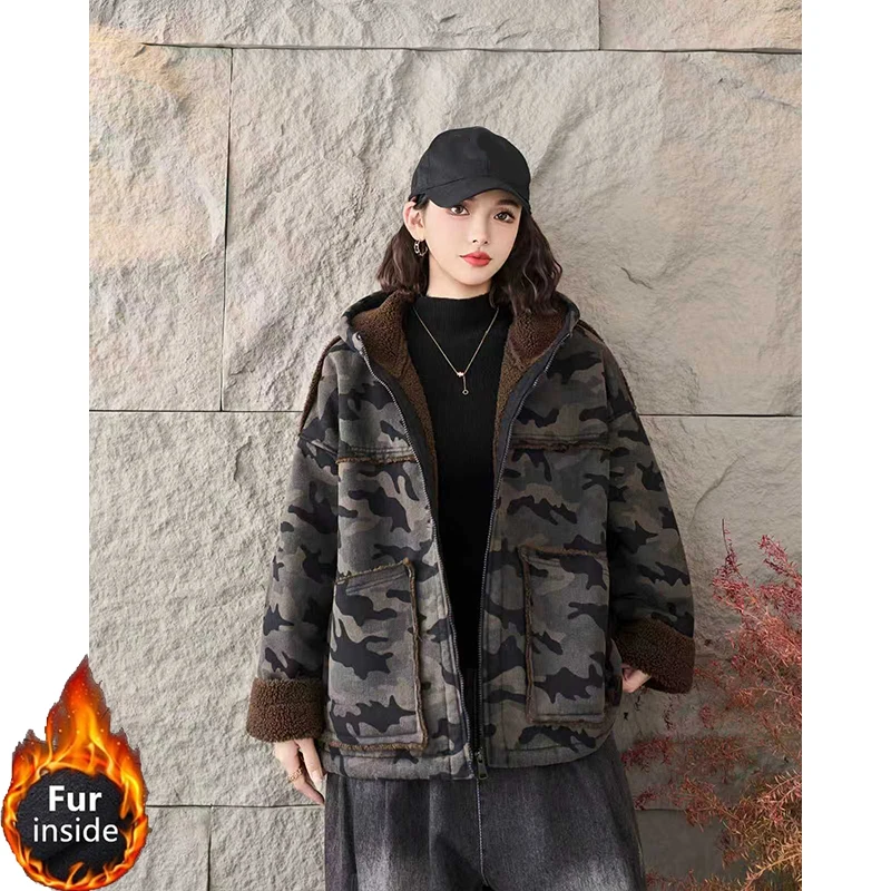 Masss Wasss 2025 Winter Fashion Camouflage Parkas Women Loose Warm Hooded Fur Padded Jackets Ladies Casual Vintage Thicken Coats