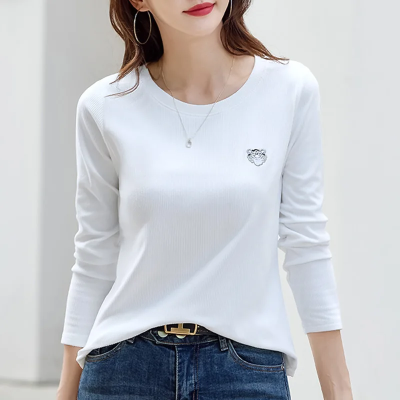 

Winter T Shirt Women Long Sleeve Embroidery Fashion T-shirts For Ladies Black White Basic Tshirts Autumn Daily Pullover y2k Tops