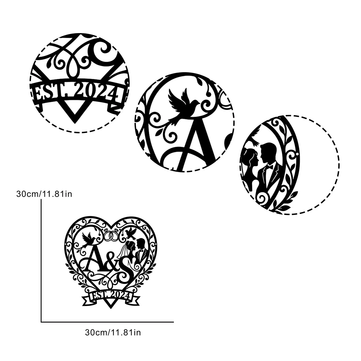 Custom Heart Wedding Couple Monogram Metal Wall Sign, Floral Vine Dove  Wedding Ring Iron Plaque,Unique Wedding Anniversary Gift