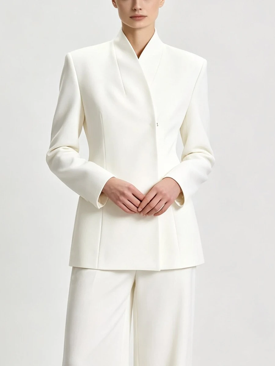 LIMO Women White Stand Collar  Two  Waist Slim Side Pockets Long Sleeve Elegant Business Commuter Tailored Jacket