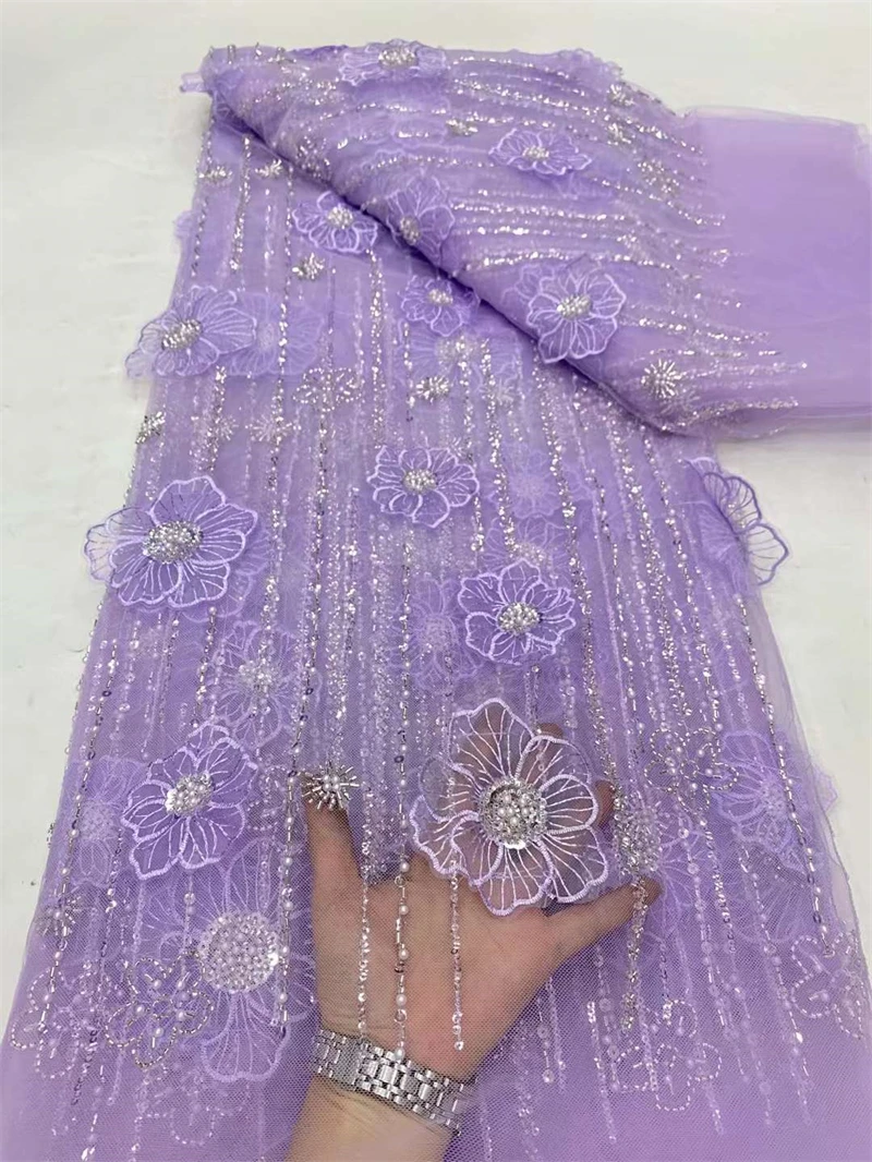 

Lilac,African Sequins Beaded Lace Fabric for Groom, French Tulle, Nigerian Embroidery, High Quality, 5 Yards, 2024