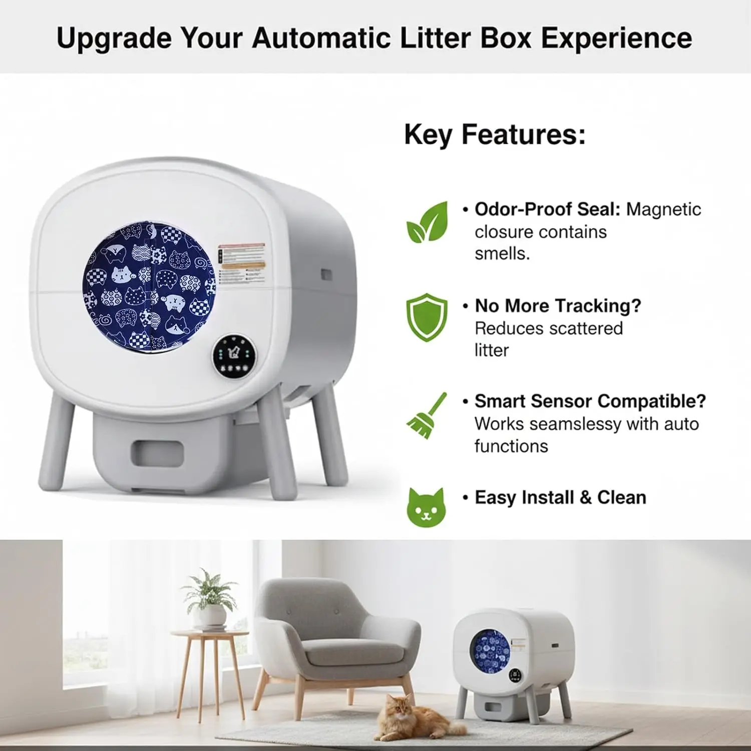 Curtain for Self Cleaning Cat Box, Reduces Litter Bounce, Stops Odors Round Litter Box Entrance Curtain