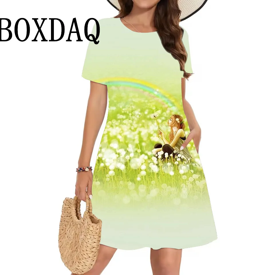 Letnia naturalna sceneria drzewo 3D sukienki z nadrukiem kobiety wakacje plaża sukienka z krótkim rękawem Casual O-Neck kieszeń luźna sukienka Sundress