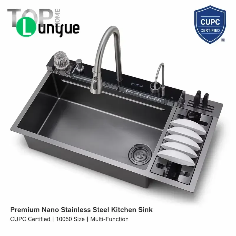 Smart 304 Stainless Steel Waterfall Kitchen Sink Modern Multifunctional Basin for Home Bar Laundry Durable Easy Clean Large