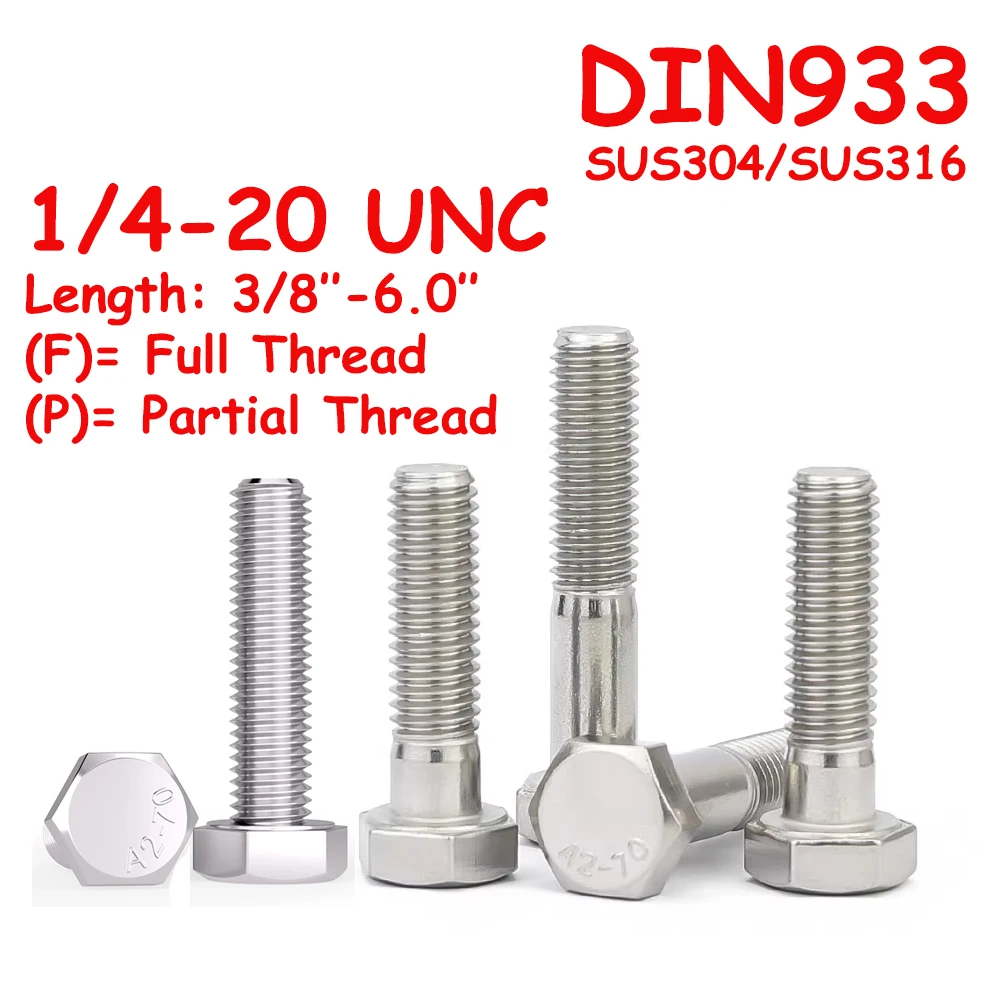 

Yiqianyuan 1/4-20 UNC DIN933 Hexagon Head Screws 304/316 Stainless Steel External Hexagon Head Bolts Full/Partial Threaded