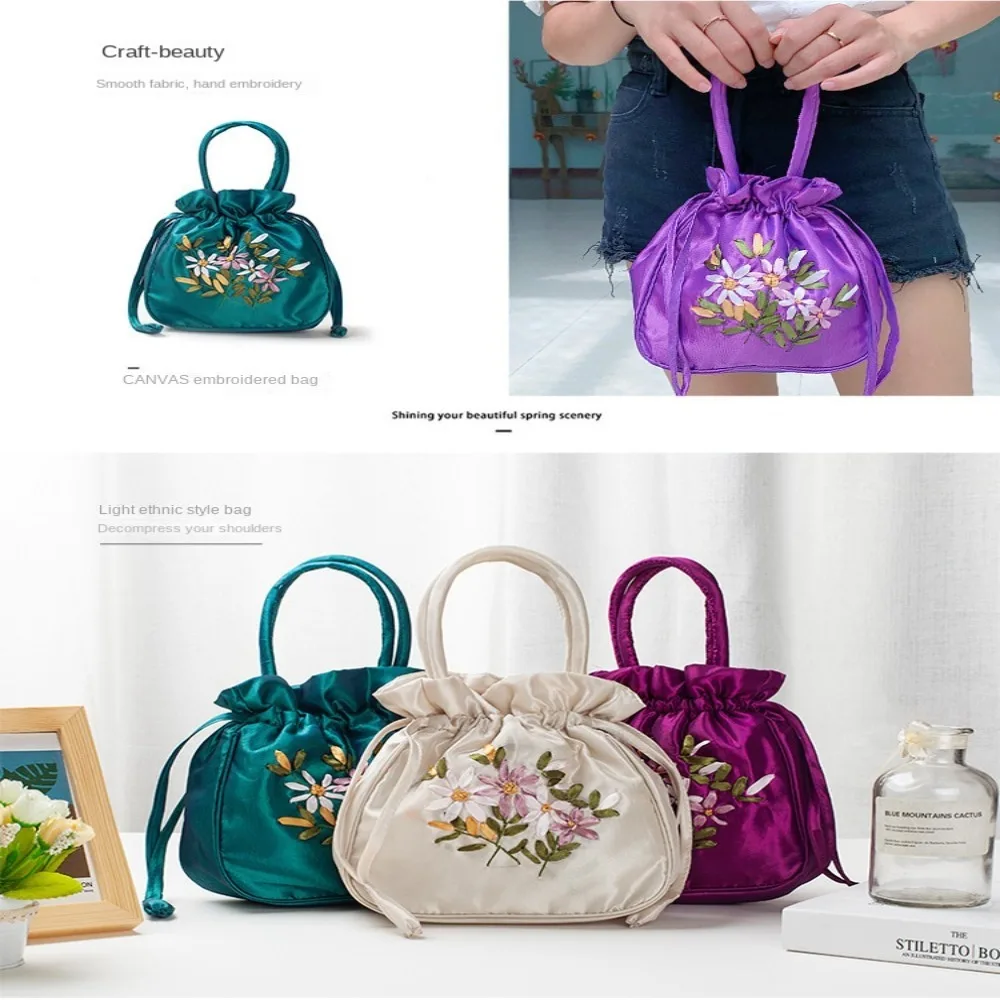 Bolso pequeño de cubo con asa superior para mujer, bolso para teléfono, monedero de verano, estilo nacional, bordado, patrón de flores, bolso con cordón